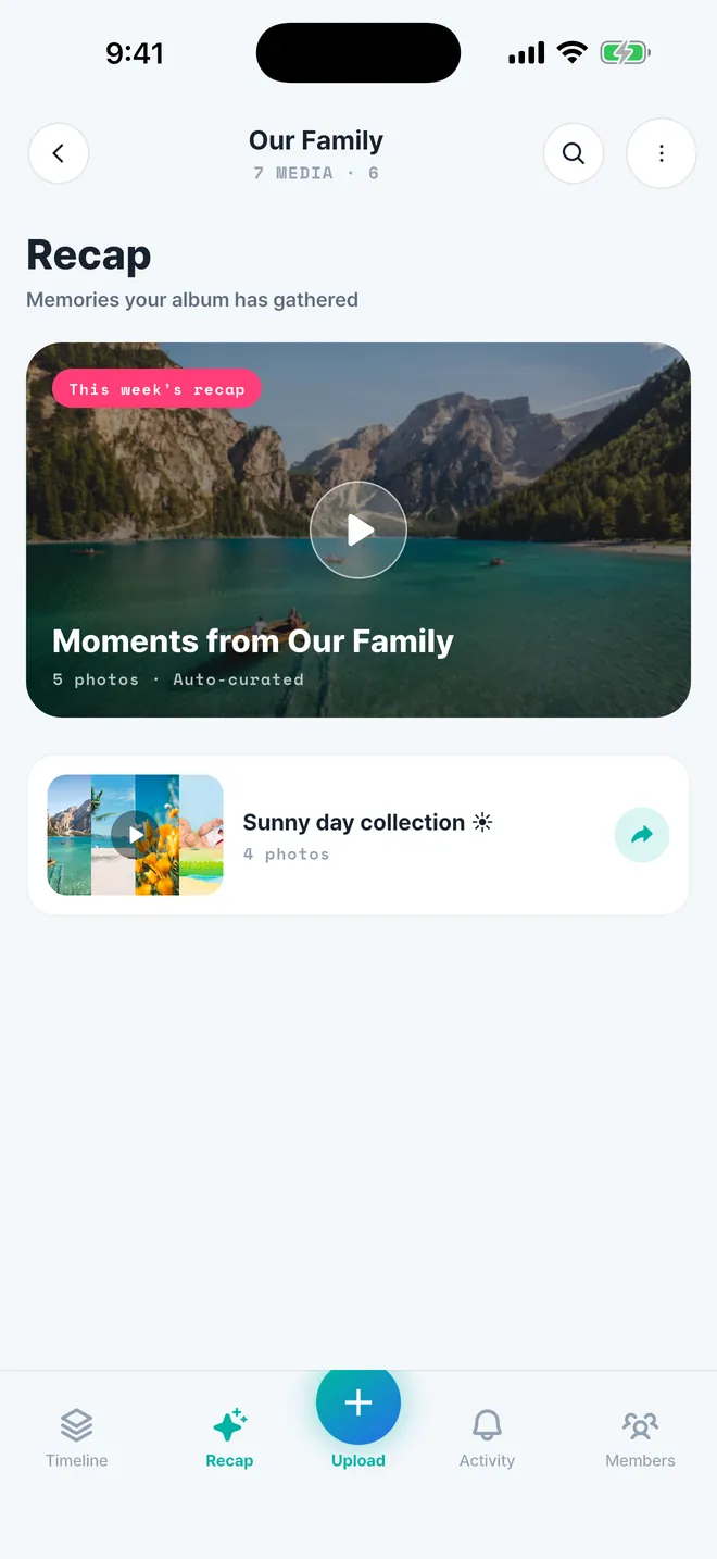 MoMoAlbum recap screen showing a Moments from Our Family video and a Sunny day collection